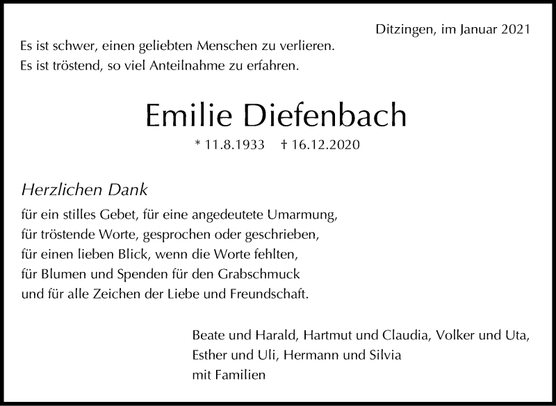  Traueranzeige für Emilie Diefenbach vom 15.01.2021 aus Leonberger Kreiszeitung / Strohgäu Extra
