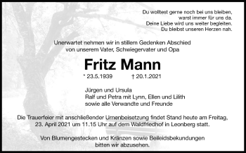 Traueranzeige von Fritz Mann von Leonberger Kreiszeitung / Strohgäu Extra