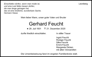 Traueranzeige von Gerhard Feucht von Leonberger Kreiszeitung / Strohgäu Extra