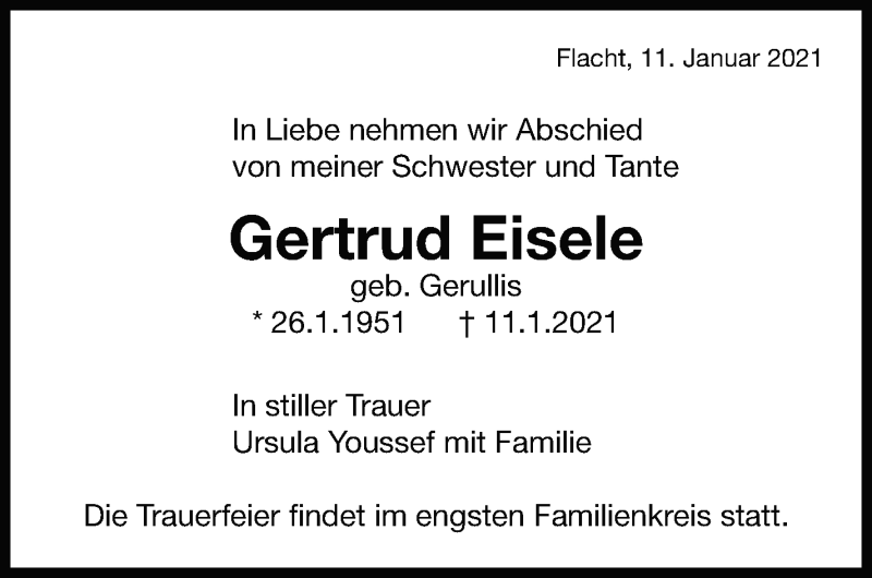  Traueranzeige für Gertrud Eisele vom 14.01.2021 aus Leonberger Kreiszeitung / Strohgäu Extra
