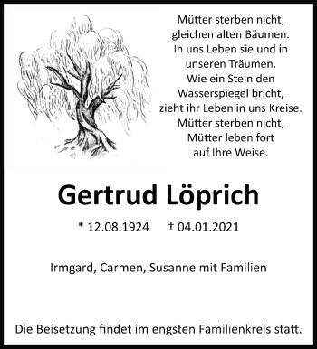 Traueranzeige von Gertrud Löprich von Leonberger Kreiszeitung / Strohgäu Extra