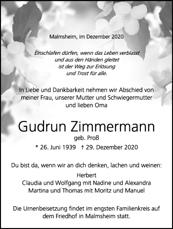 Traueranzeige von Gudrun Zimmermann von Leonberger Kreiszeitung / Strohgäu Extra