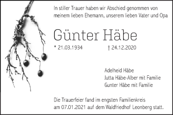 Traueranzeige von Günter Häbe von Leonberger Kreiszeitung / Strohgäu Extra