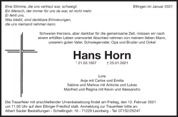 Traueranzeige von Hans Horn von Leonberger Kreiszeitung / Strohgäu Extra