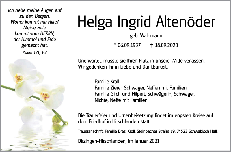  Traueranzeige für Helga Ingrid Altenöder vom 16.01.2021 aus Leonberger Kreiszeitung / Strohgäu Extra