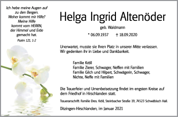 Traueranzeige von Helga Ingrid Altenöder von Leonberger Kreiszeitung / Strohgäu Extra