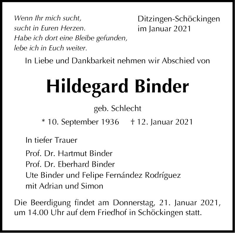  Traueranzeige für Hildegard Binder vom 19.01.2021 aus Leonberger Kreiszeitung / Strohgäu Extra