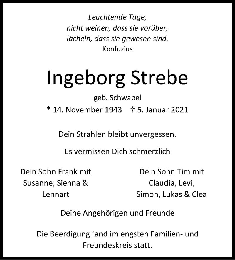  Traueranzeige für Ingeborg Strebe vom 14.01.2021 aus Leonberger Kreiszeitung / Strohgäu Extra