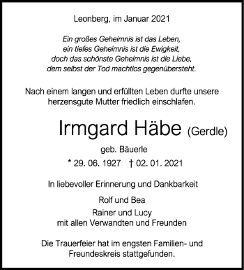 Traueranzeige von Irmgard Häbe von Leonberger Kreiszeitung / Strohgäu Extra