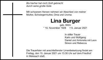 Traueranzeige von Lina Burger von Leonberger Kreiszeitung / Strohgäu Extra