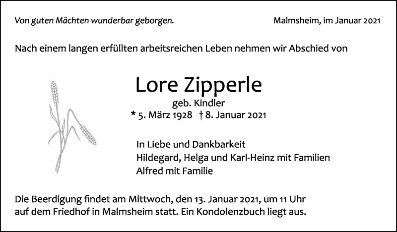  Traueranzeige für Lore Zipperle vom 12.01.2021 aus Leonberger Kreiszeitung / Strohgäu Extra