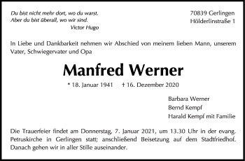 Traueranzeige von Manfred Werner von Leonberger Kreiszeitung / Strohgäu Extra