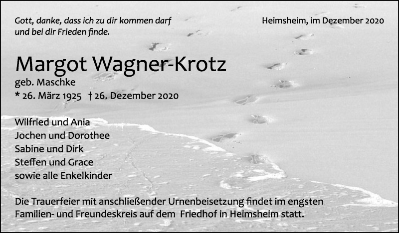  Traueranzeige für Margot Wagner-Krotz vom 08.01.2021 aus Leonberger Kreiszeitung / Strohgäu Extra