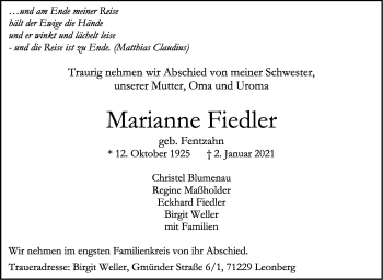 Traueranzeige von Marianne Fiedler von Leonberger Kreiszeitung / Strohgäu Extra