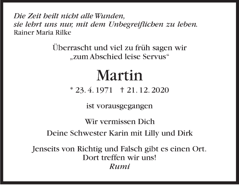  Traueranzeige für Martin  vom 11.01.2021 aus Leonberger Kreiszeitung / Strohgäu Extra