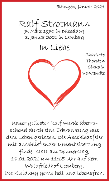 Traueranzeige von Ralf Strotmann von Leonberger Kreiszeitung / Strohgäu Extra