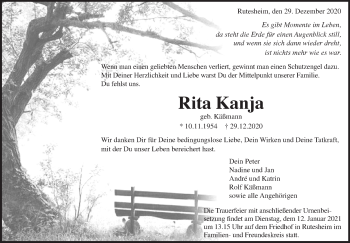 Traueranzeige von Rita Kanja von Leonberger Kreiszeitung / Strohgäu Extra