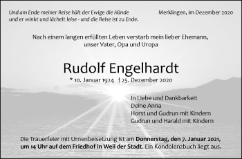 Traueranzeige von Rudolf Engelhardt von Leonberger Kreiszeitung / Strohgäu Extra