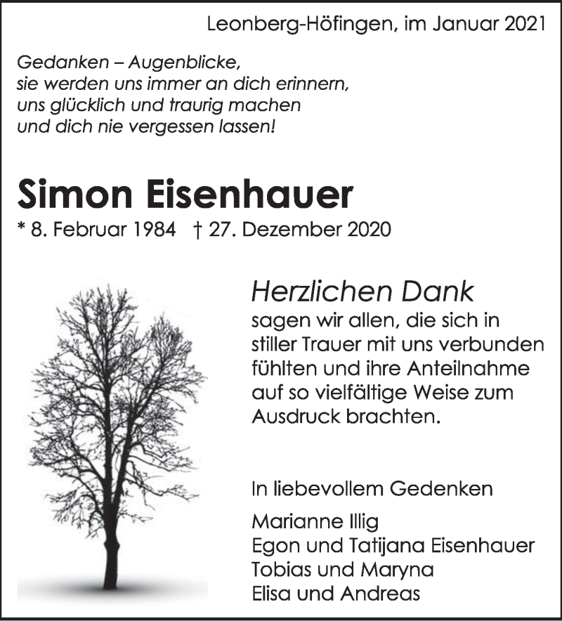 Traueranzeige für Simon Eisenhauer vom 14.01.2021 aus Leonberger Kreiszeitung / Strohgäu Extra