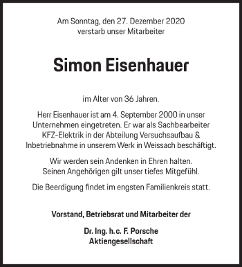 Traueranzeige von Simon Eisenhauer von Leonberger Kreiszeitung / Strohgäu Extra