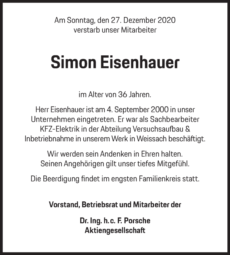  Traueranzeige für Simon Eisenhauer vom 14.01.2021 aus Leonberger Kreiszeitung / Strohgäu Extra