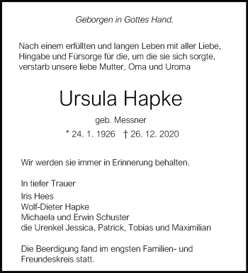 Traueranzeige von Ursula Hapke von Leonberger Kreiszeitung / Strohgäu Extra