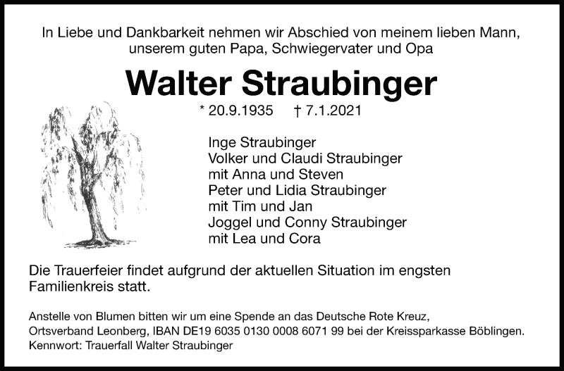  Traueranzeige für Walter Straubinger vom 13.01.2021 aus Leonberger Kreiszeitung / Strohgäu Extra