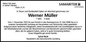 Traueranzeige von Werner Müller von Leonberger Kreiszeitung / Strohgäu Extra