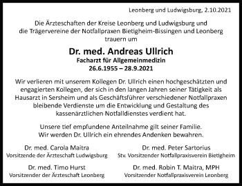 Traueranzeige von Andreas Ullrich von Leonberger Kreiszeitung / Strohgäu Extra