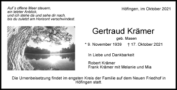 Traueranzeige von ArGerGertraudtraud Krämer von Leonberger Kreiszeitung / Strohgäu Extra