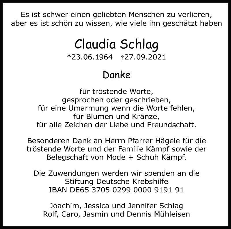  Traueranzeige für Claudia Schlag vom 14.10.2021 aus Leonberger Kreiszeitung / Strohgäu Extra