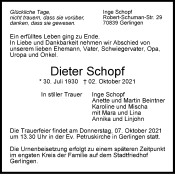 Traueranzeige von Dieter Schopf von Leonberger Kreiszeitung / Strohgäu Extra