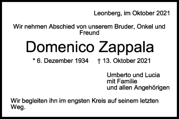 Traueranzeige von Domenico Zappala von Leonberger Kreiszeitung / Strohgäu Extra