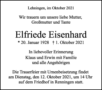 Traueranzeige von Elfriede Eisenhard von Leonberger Kreiszeitung / Strohgäu Extra