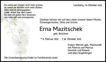 Traueranzeige von Erna Mazitschek von Leonberger Kreiszeitung / Strohgäu Extra