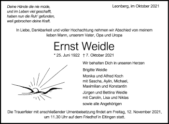 Traueranzeige von Ernst Weidle von Leonberger Kreiszeitung / Strohgäu Extra