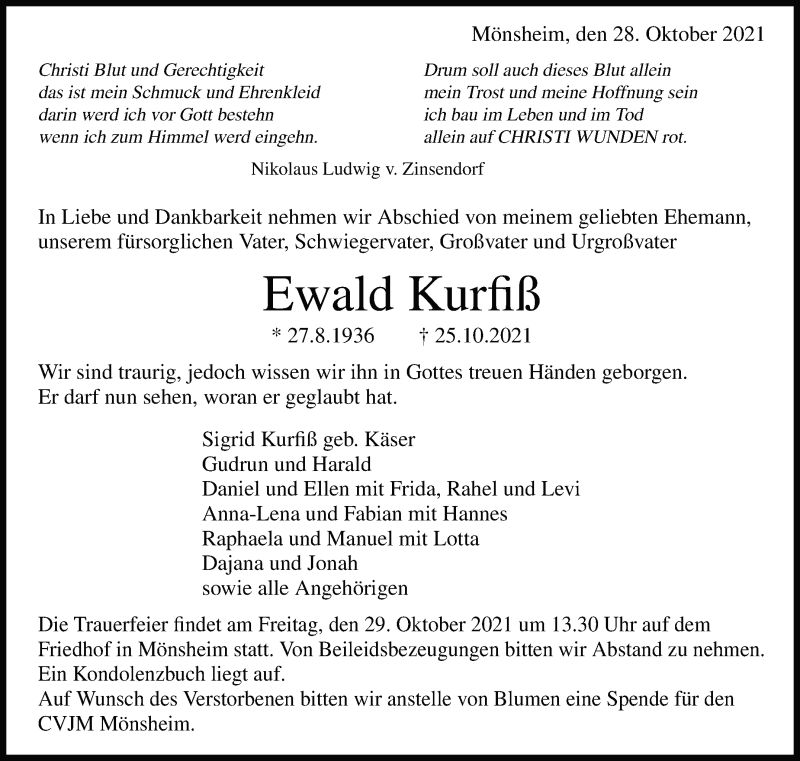  Traueranzeige für Ewald Kurfiß vom 28.10.2021 aus Leonberger Kreiszeitung / Strohgäu Extra
