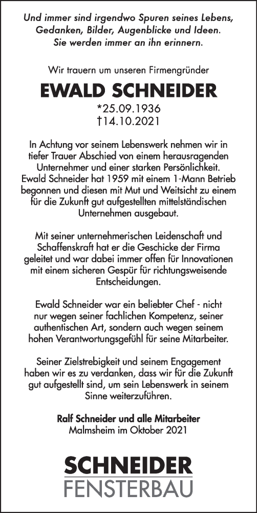  Traueranzeige für Ewald Schneider vom 16.10.2021 aus Leonberger Kreiszeitung / Strohgäu Extra