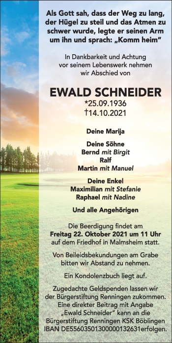 Traueranzeige von Ewald Schneider von Leonberger Kreiszeitung / Strohgäu Extra