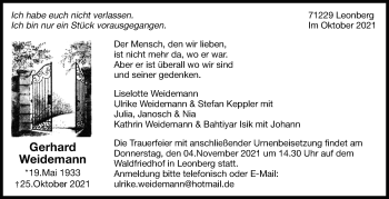 Traueranzeige von Gerhard Weidemann von Leonberger Kreiszeitung / Strohgäu Extra