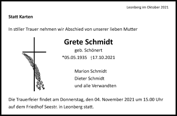 Traueranzeige von Grete Schmidt von Leonberger Kreiszeitung / Strohgäu Extra