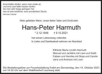 Traueranzeige von Hans-Peter Harmuth von Leonberger Kreiszeitung / Strohgäu Extra