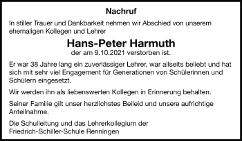 Traueranzeige von Hans-Peter Harmuth von Leonberger Kreiszeitung / Strohgäu Extra