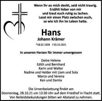 Traueranzeige von Hans Johann Krämer von Leonberger Kreiszeitung / Strohgäu Extra