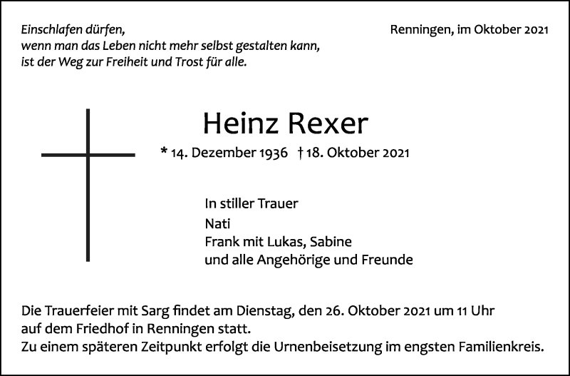  Traueranzeige für Heinz Rexer vom 22.10.2021 aus Leonberger Kreiszeitung / Strohgäu Extra