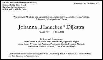 Traueranzeige von Johanna Dijkstra von Leonberger Kreiszeitung / Strohgäu Extra