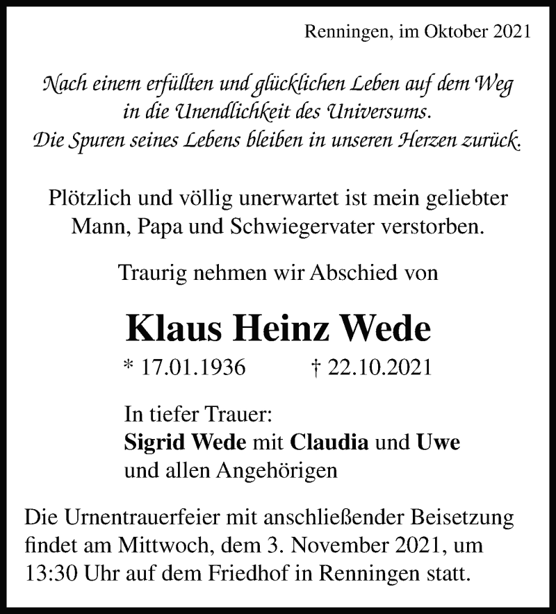  Traueranzeige für Klaus Heinz Wede vom 28.10.2021 aus Leonberger Kreiszeitung / Strohgäu Extra