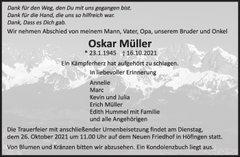 Traueranzeige von Oskar Müller von Leonberger Kreiszeitung / Strohgäu Extra