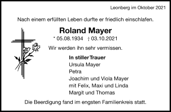 Traueranzeige von Roland Mayer von Leonberger Kreiszeitung / Strohgäu Extra