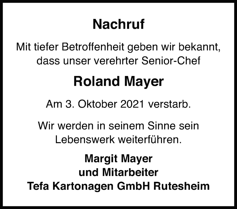  Traueranzeige für Roland Mayer vom 09.10.2021 aus Leonberger Kreiszeitung / Strohgäu Extra